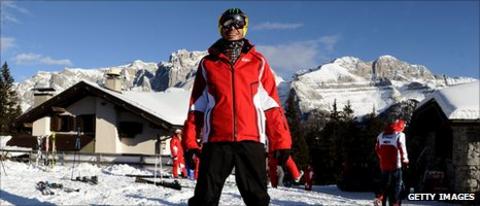 Ducati rider Valentino Rossi gets ready to ski during the Vrooom 2012, F1 and MotoGP Press Ski Meeting Ducati and Ferrari annual media gathering in the Italian ski resort of Madonna di Campiglio.