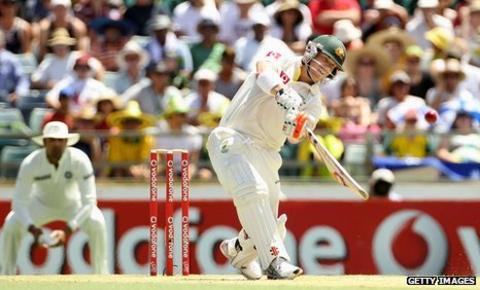 David Warner smashes a six on day two in Perth