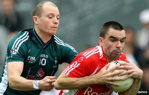 Tyrone's Ryan McMenamin and Kildare's James Kavanagh