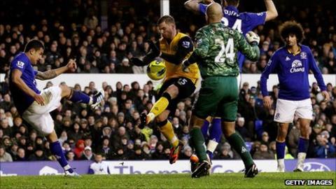 Tim Cahill's clearances crashes off David Goodwillie and into the net