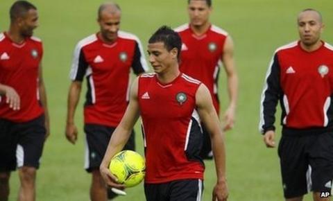 Marouane Chamakh (centre) trains with his Morocco team-mates ahead of their game against Gabon