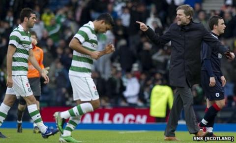 Falkirk manager Steven Pressley took to the pitch at half time to vent his frustration with referee Euan Norris (unseen)
