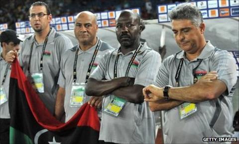 Libya coach Marcos Paqueta (right) with his coaching staff