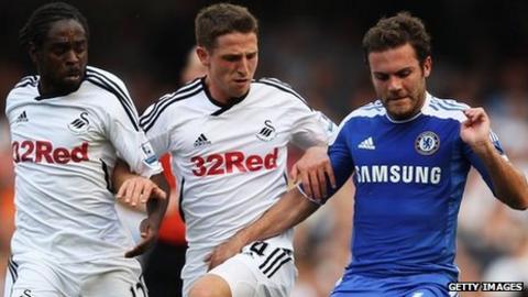 Swansea's Nathan Dyer and Joe Allen chase Chelsea's Juan Mata during September's meeting at Stamford Bridge
