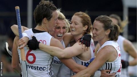 Alex Danson (second left) celebrates Britain's second goal against Korea