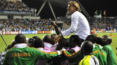 Zambia coach Herve Renard is hoisted aloft by his players after winning the Africa Cup of Nations