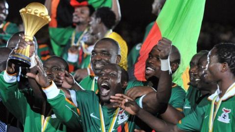 Zambia players celebrate winning their first Nations Cup trophy in Libreville on Sunday