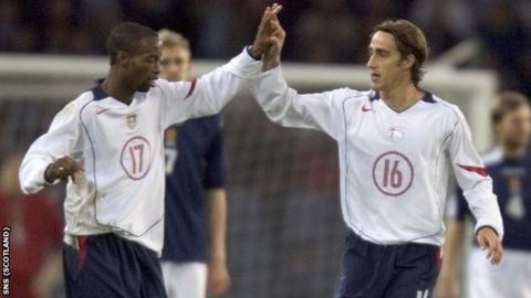 DaMarcus Beasley and Joshua Wolff celebrate at Hampden in 2005