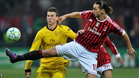 Laurent Koscielny in action against AC Milan's Zlatan Ibrahimovic