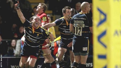 Andy Goode celebrates Worcester's Premiership win over Saracens