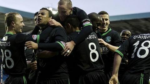 Hibernian celebrate Tom Soares' second goal at Rugby Park