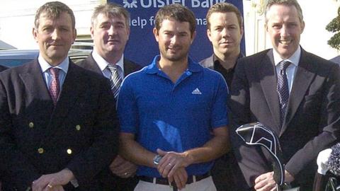 Gareth Maybin (centre) at the launch of this year's Galgorm Castle EuroPro Open with club owner Christopher Brooke, Northern Ireland Tourism's Eddie Rowan, Danny Nickless of the PGA EuroPro Tour and Ian Paisley Junior