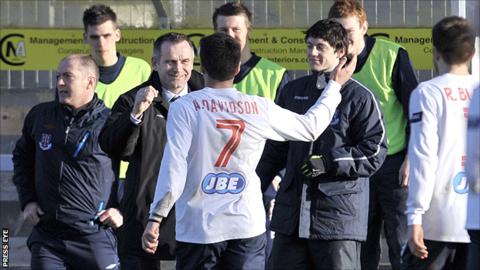 Alan Davidson celebrates after scoring Ballymena's winner in the cup match at Newry