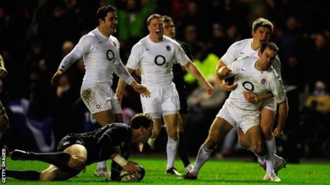 England player Charlie Hodgson celebrates his try during the RBS Six Nations game between Scotland and England at Murrayfield