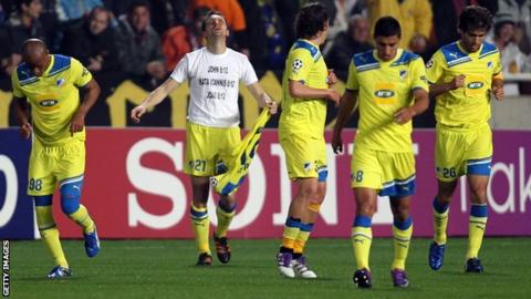 Apoel Nicosia celebrate after opening the scoring against Lyon in Cyprus
