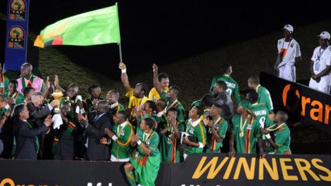 Zambia celebrate winning the Nations Cup in February 2012
