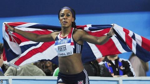 Great Britain's Tiffany Porter celebrates her second place in the Women's 60m Hurdle Final during the IAAF World Indoor Championships