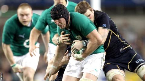 Stephen Ferris goes on another rampaging run in the game against Scotland