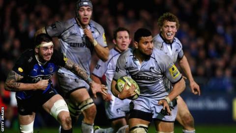 Leicester's Steve Mafi bursts through against Bath
