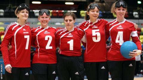 Jessica Luke, Anna Sharkey, Louise Simpson, Amy Ottaway and Georgina Bullen of Great Britain at the London International Goalball Tournament.