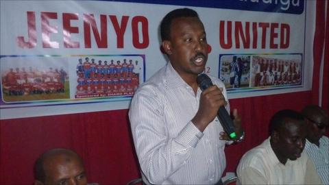 Somali Football Federation Abdi Qani speaks at the relaunch of Jeenyo United on Sunday