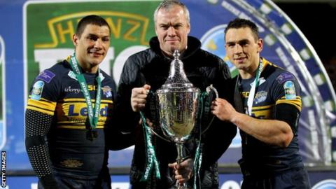 Leeds Rhinos head coach Brian McDermott with Ryan Hall and Kevin Sinfield