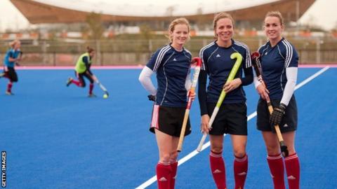 GB hockey players Helen Richardson, Kate Walsh and Laura Bartlett