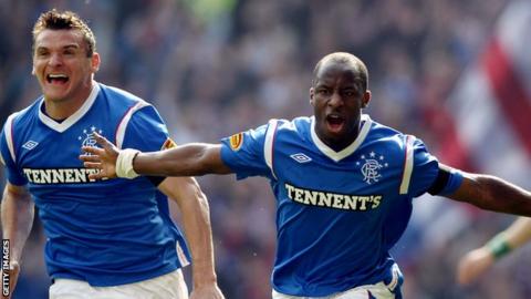 Lee McCulloch and Sone Aluko celebrate at Ibrox