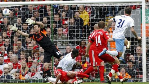 Chris Herd scores for Aston Villa at Liverpool
