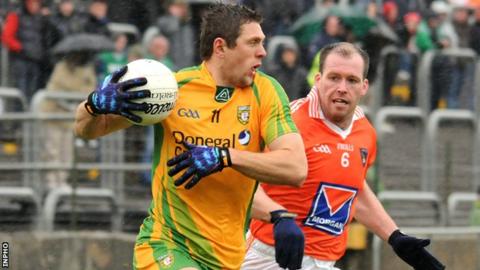 Donegal's Ryan Bradley attempts to burst away from Ciaran McKeever at Ballybofey