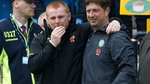 Lennon (left) is emotional at the final whistle at Rugby Park