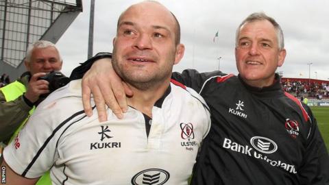 Rory Best and Brian McLaughlin celebrate Ulster's win over Munster