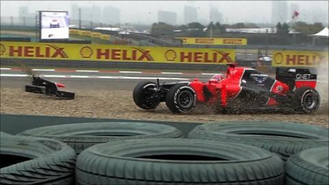 Timo Glock crashes at Turn One
