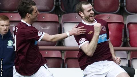 Skacel and Beattie celebrate one of the latter's goals for Hearts