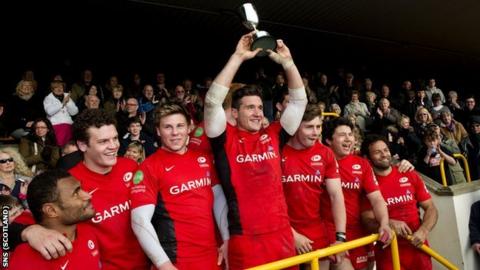Saracens celebrate winning the Melrose Sevens
