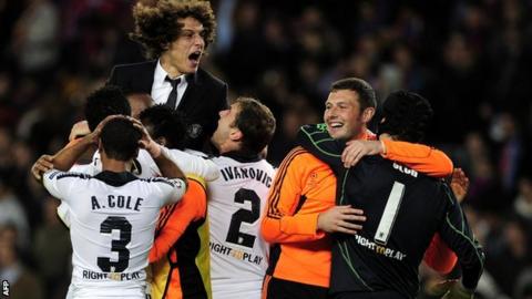 Chelsea celebrate beating Barcelona to reach Champions League final