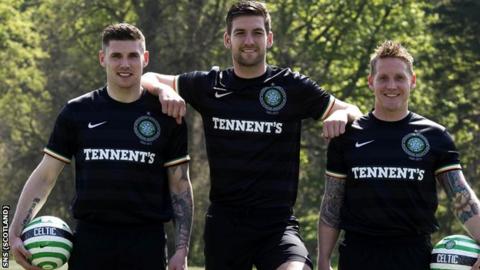 Gary Hooper, Charlie Mulgrew and Kris Commons show off the new Celtic away kit