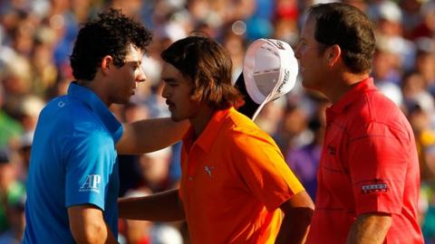 Rory McIlroy and DA Points congratulate Rickie Fowler on his first PGA Tour win