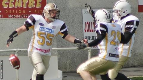 Cornish Sharks celebrate at touchdown against Gloucester
