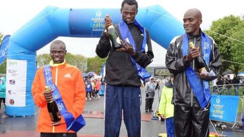 2012 Belfast Marathon winner Urga Negewo with runners-up David Kipserem Kisang and Jacob Chesire