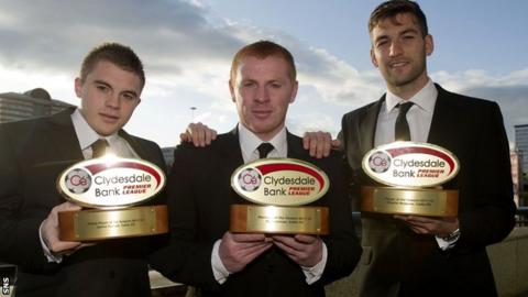 James Forrest, Neil Lennon and Charlie Mulgrew (right) show off their awards