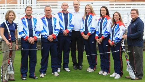 Sara Symington, (Archery GB performance director), Larry Godfrey, Simon Terry, Alan Wills, Clive Woodward (GB chef de mission), Alison Williamson, Amy Oliver, Naomi Folkard and Lloyd Brown (GB Archery head coach)