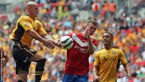 David Pipe (left) in action during Newport’s FA Trophy final defeat against York City