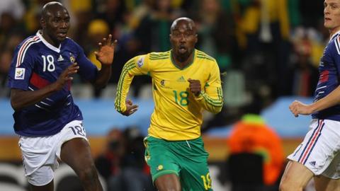 Siyabonga Nomvethe in action against France at the 2010 World Cup
