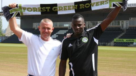 Forest Green Rovers manager Dave Hockaday and new signing Omar Koroma