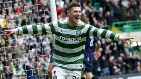 Hooper celebrates one of his 29 goals for Celtic last season