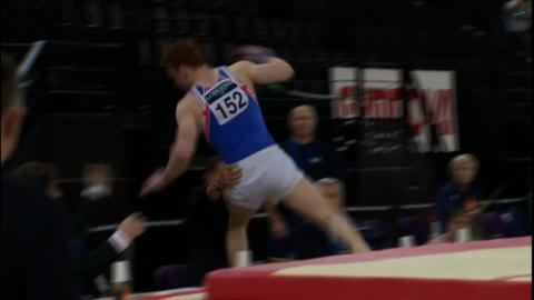 GB gymnast Daniel Purvis ends up in judges' lap
