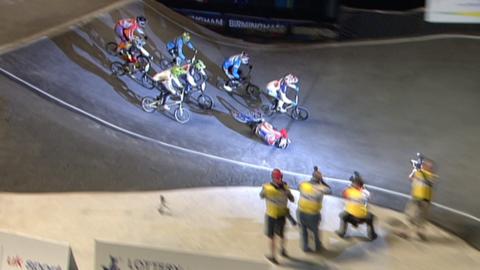 British Olympic hopeful Liam Phillips tumbles over his handlebars