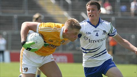 Antrim's Ronan McCafferty in action against Ryan Wylie of Monaghan