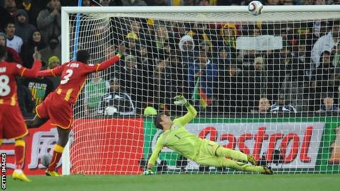 Ghana's Asamoah Gyan hits the crossbar with his penalty in the 2010 World Cup quarter-final against Uruguay, a match the Black Stars went on to lose